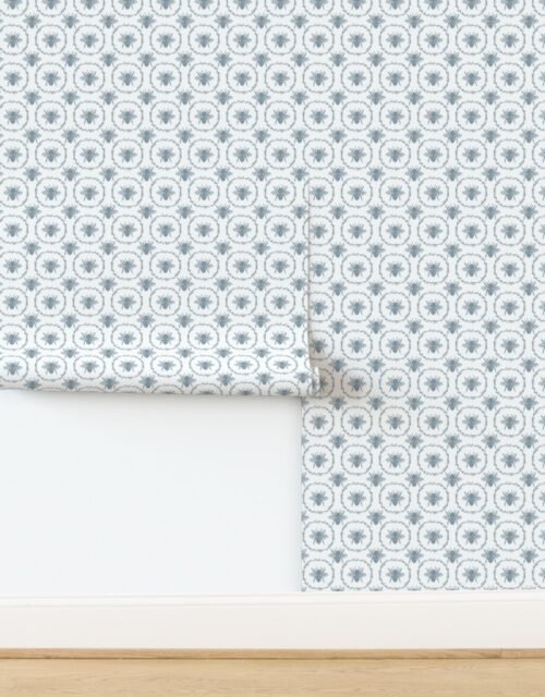 Small French Provincial Bees in Laurel Wreaths in Winter Blue on White Wallpaper