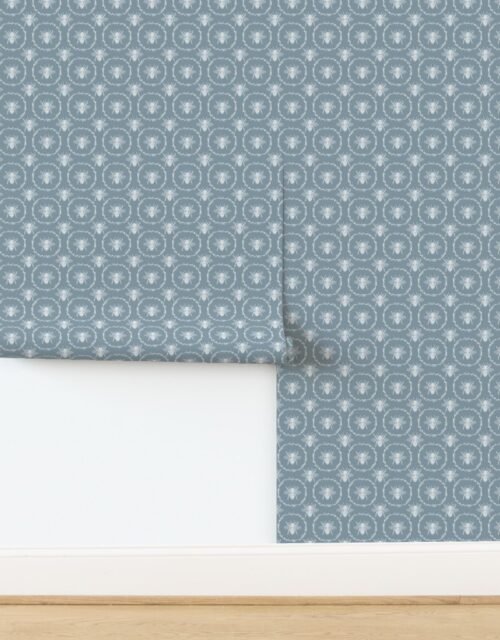 Small French Provincial Bees in Laurel Wreaths in White on Winter Blue Wallpaper