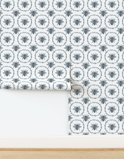 Large French Provincial Bees in Laurel Wreaths in Ice Blue on White Wallpaper