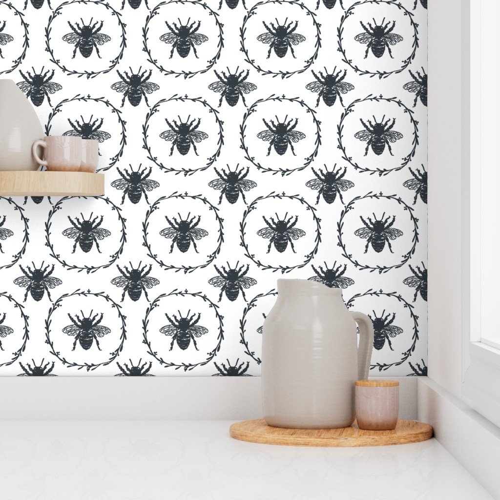 Large French Provincial Bees in Laurel Wreaths in Twilight Blue on White Wallpaper