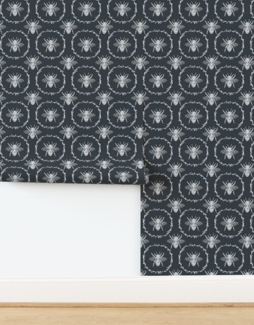 Large French Provincial Bees in Laurel Wreaths in White on Twilight Blue Wallpaper