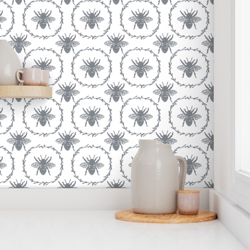 Large French Provincial Bees in Laurel Wreaths in Grey Blue on White Wallpaper