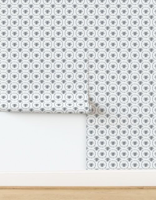 Small French Provincial Bees in Laurel Wreaths in Grey Blue on White Wallpaper