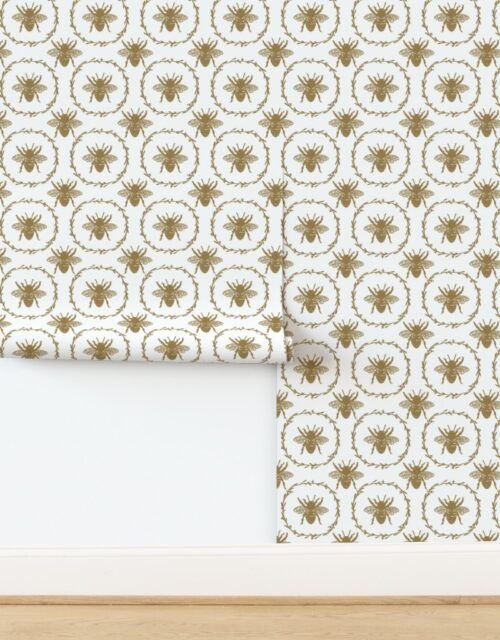 Large French Provincial Bees in Laurel Wreaths in Tan on White Wallpaper