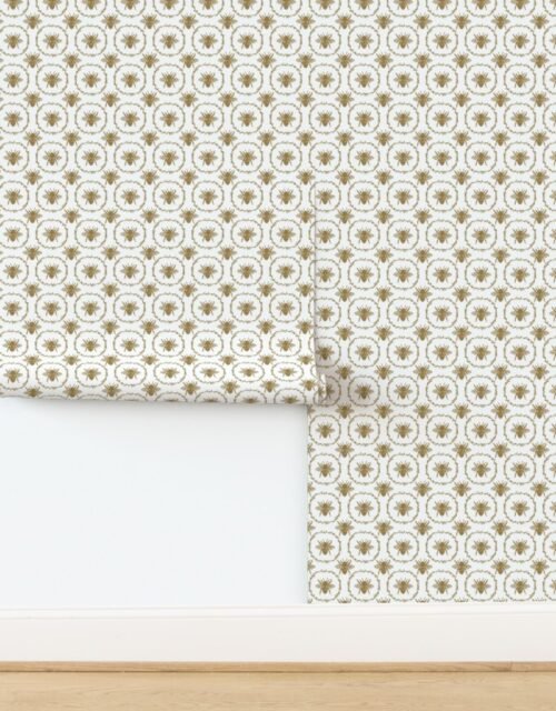 Small French Provincial Bees in Laurel Wreaths in Tan on White Wallpaper