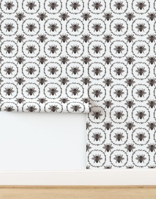 Large French Provincial Bees in Laurel Wreaths in Chocolate on White Wallpaper