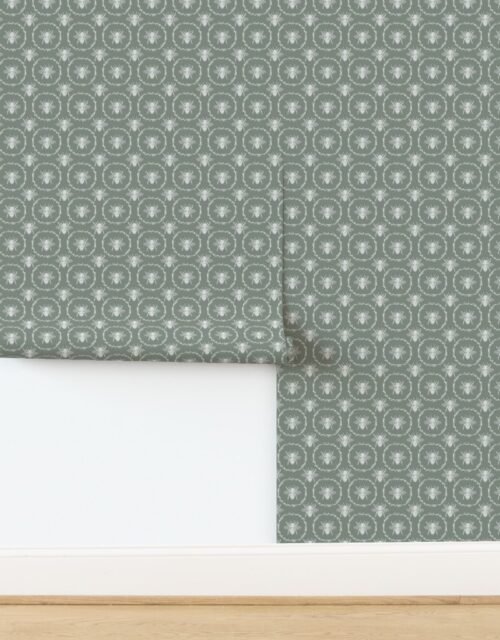 Small French Provincial Bees in Laurel Wreaths in White on Sage Green Wallpaper