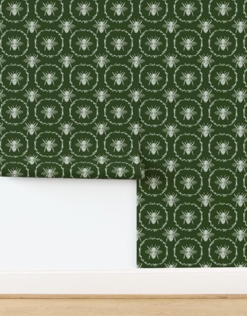 Large French Provincial Bees in Laurel Wreaths in White on Lichen Green Wallpaper