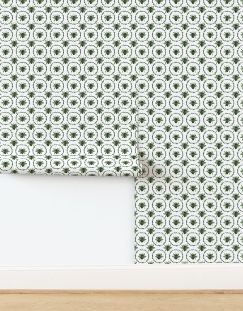 Small French Provincial Bees in Laurel Wreaths in Lichen Green on White Wallpaper