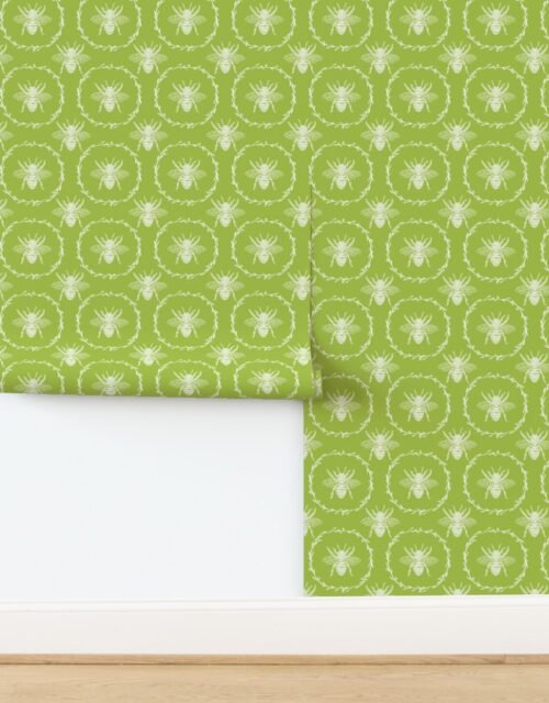 Large French Provincial Bees in Laurel Wreaths in White on Fresh Green Wallpaper