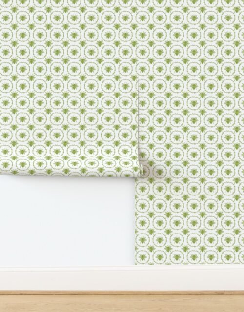 Small French Provincial Bees in Laurel Wreaths in Grass Green on White Wallpaper