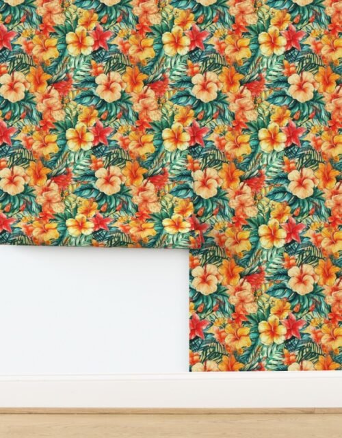 Bright Vintage Hawaiian Hibiscus Watercolor in Coral Orange Wallpaper
