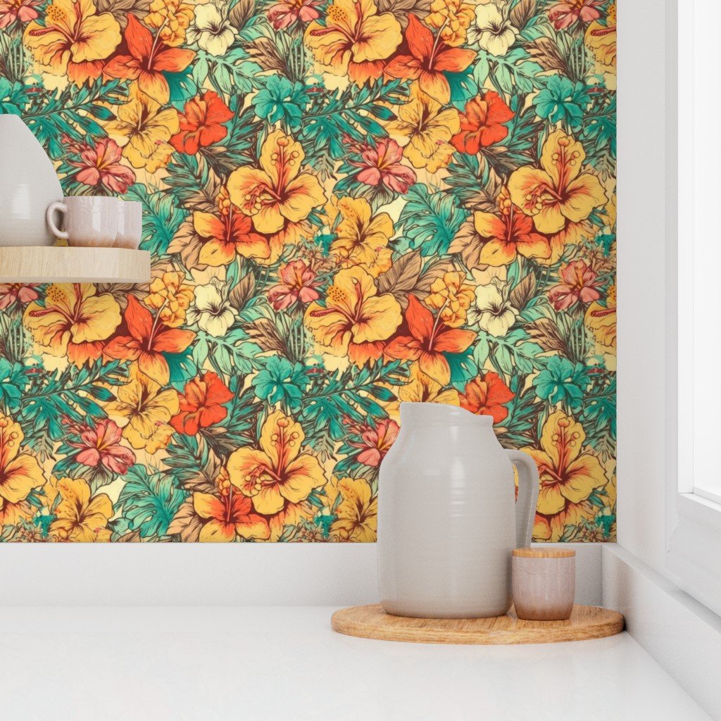 Soft Vintage Hawaiian Hibiscus Watercolor in Coral Orange Wallpaper