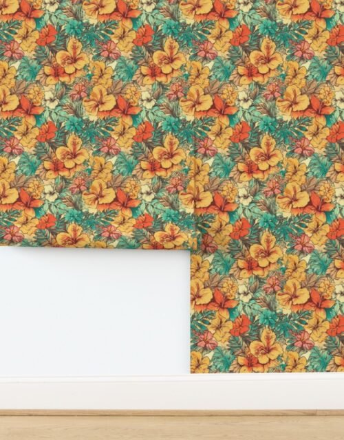 Soft Vintage Hawaiian Hibiscus Watercolor in Coral Orange Wallpaper