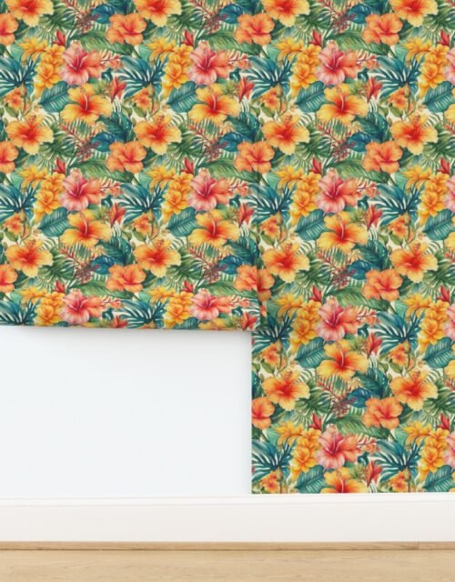 Bright Vintage Hawaiian Hibiscus Watercolor in Coral and Pink Wallpaper