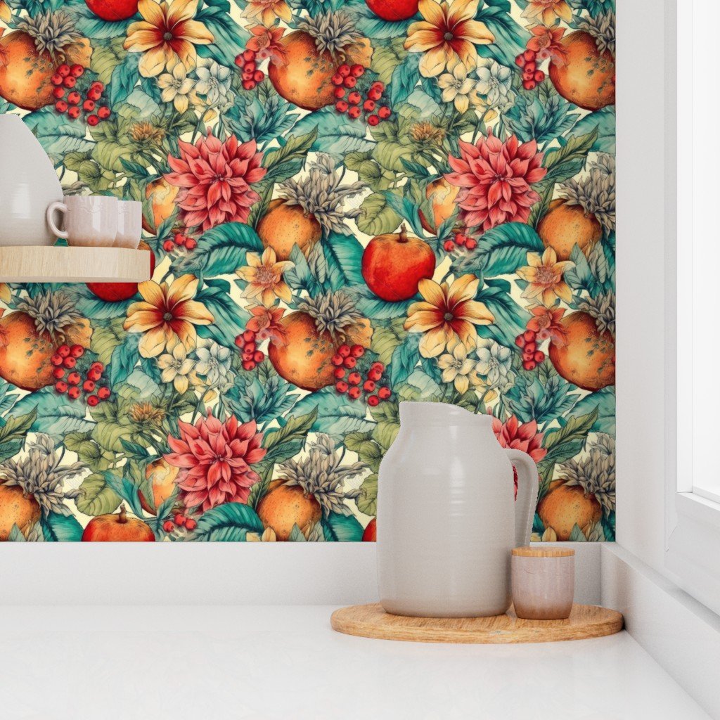 Bright Vintage Hawaiian Hibiscus Watercolor with Guava Fruits Wallpaper