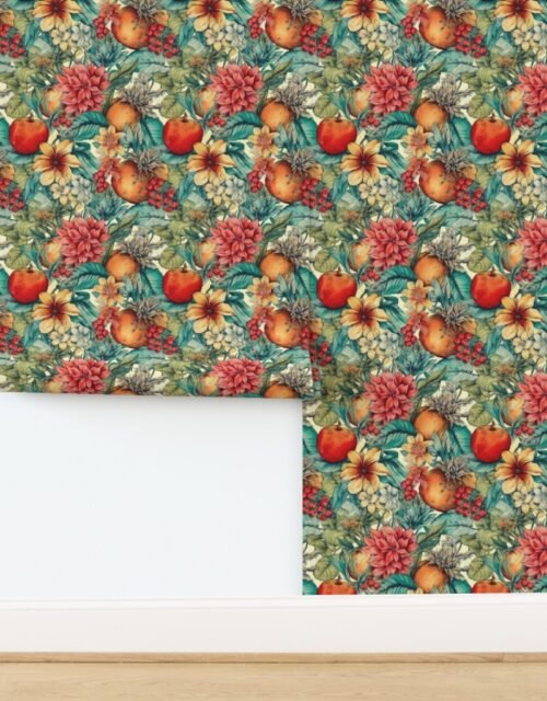 Bright Vintage Hawaiian Hibiscus Watercolor with Guava Fruits Wallpaper