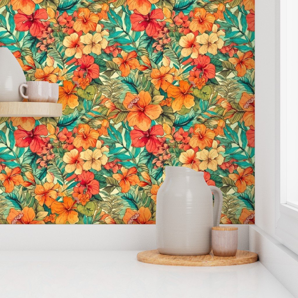 Bright Vintage Hawaiian Hibiscus Watercolor in Orange Wallpaper