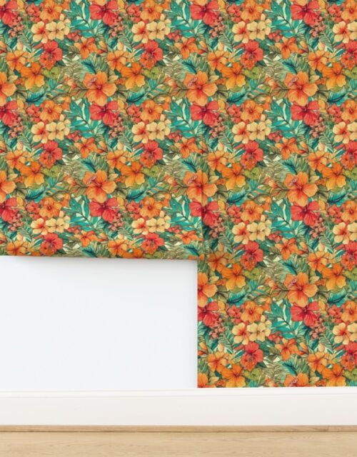 Bright Vintage Hawaiian Hibiscus Watercolor in Orange Wallpaper