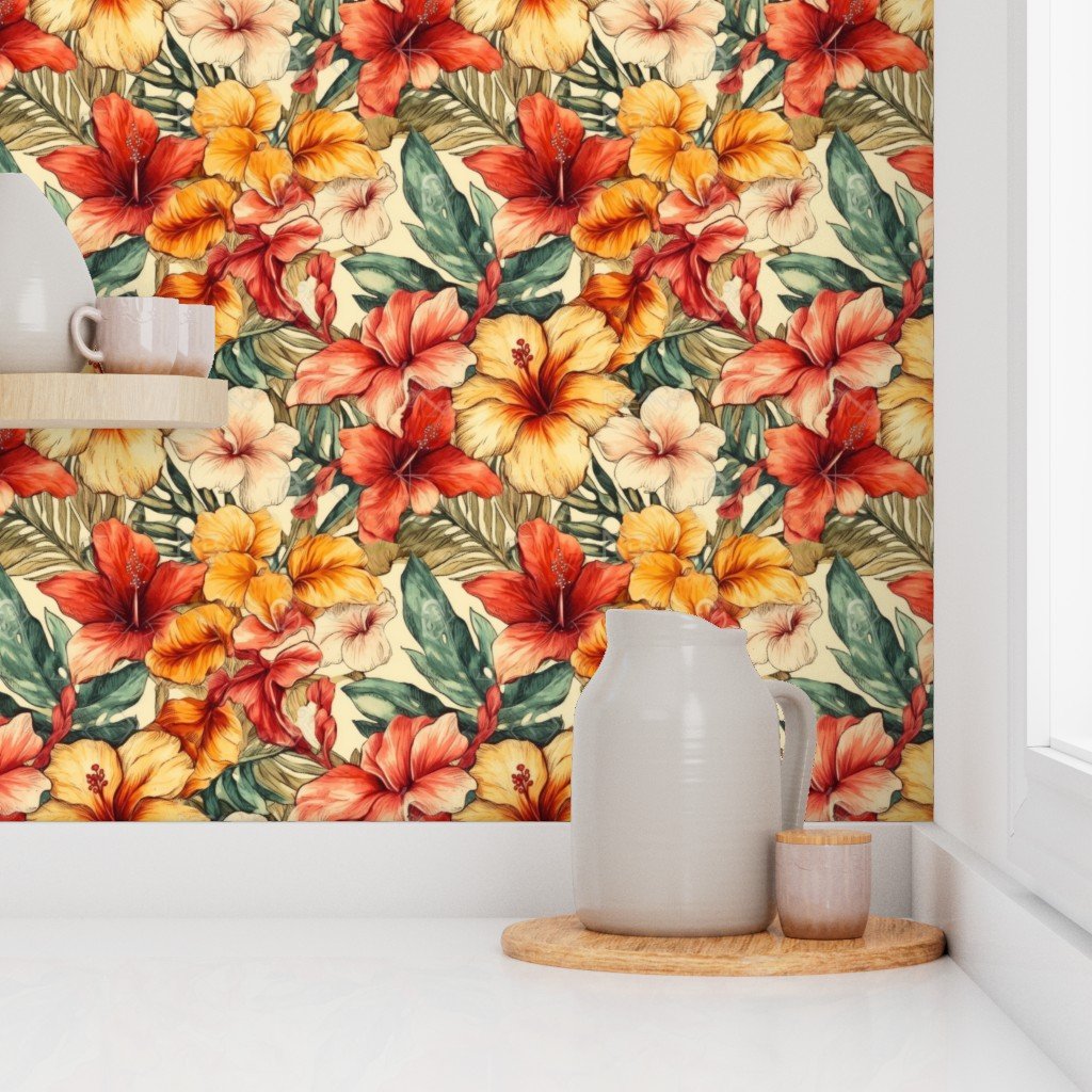 Soft Vintage Hawaiian Hibiscus Watercolor in Coral and Cream Wallpaper