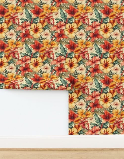 Soft Vintage Hawaiian Hibiscus Watercolor in Coral and Cream Wallpaper