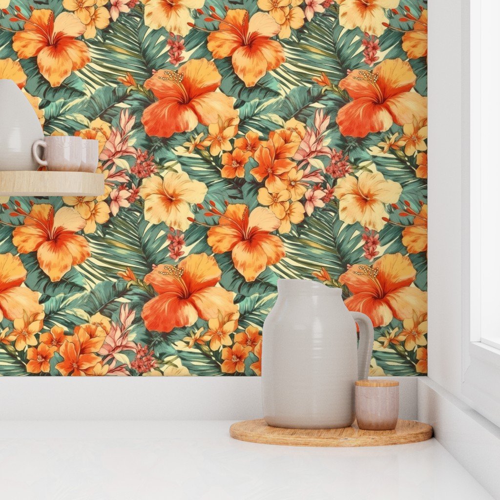 Bright Vintage Hawaiian Hibiscus Watercolor in Coral and Peach Wallpaper