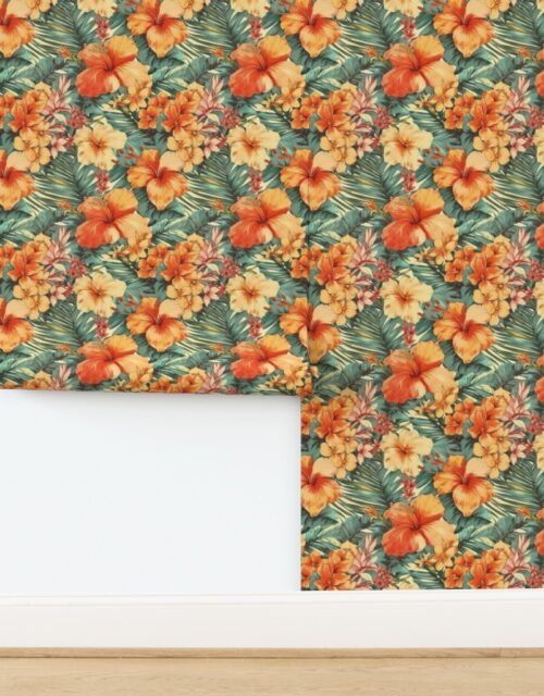 Bright Vintage Hawaiian Hibiscus Watercolor in Coral and Peach Wallpaper