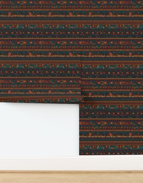 Tribal Mudcloth Boho Ethnic Print in Brown Teal Burgundy and Orange Wallpaper