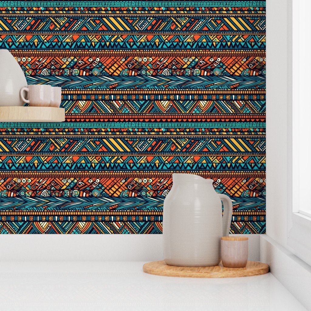 Tribal Mudcloth Boho Ethnic Print in Aqua Teal Gold and Orange Wallpaper