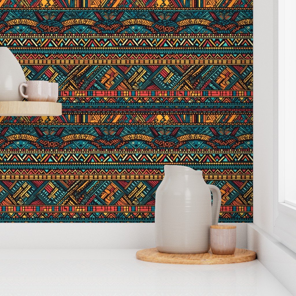 Tribal Mudcloth Boho Ethnic Print in Aqua Teal Gold and Orange Wallpaper