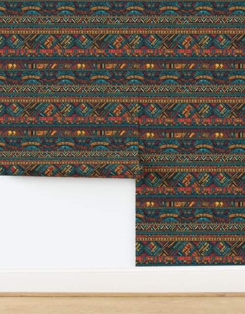 Tribal Mudcloth Boho Ethnic Print in Aqua Teal Gold and Orange Wallpaper