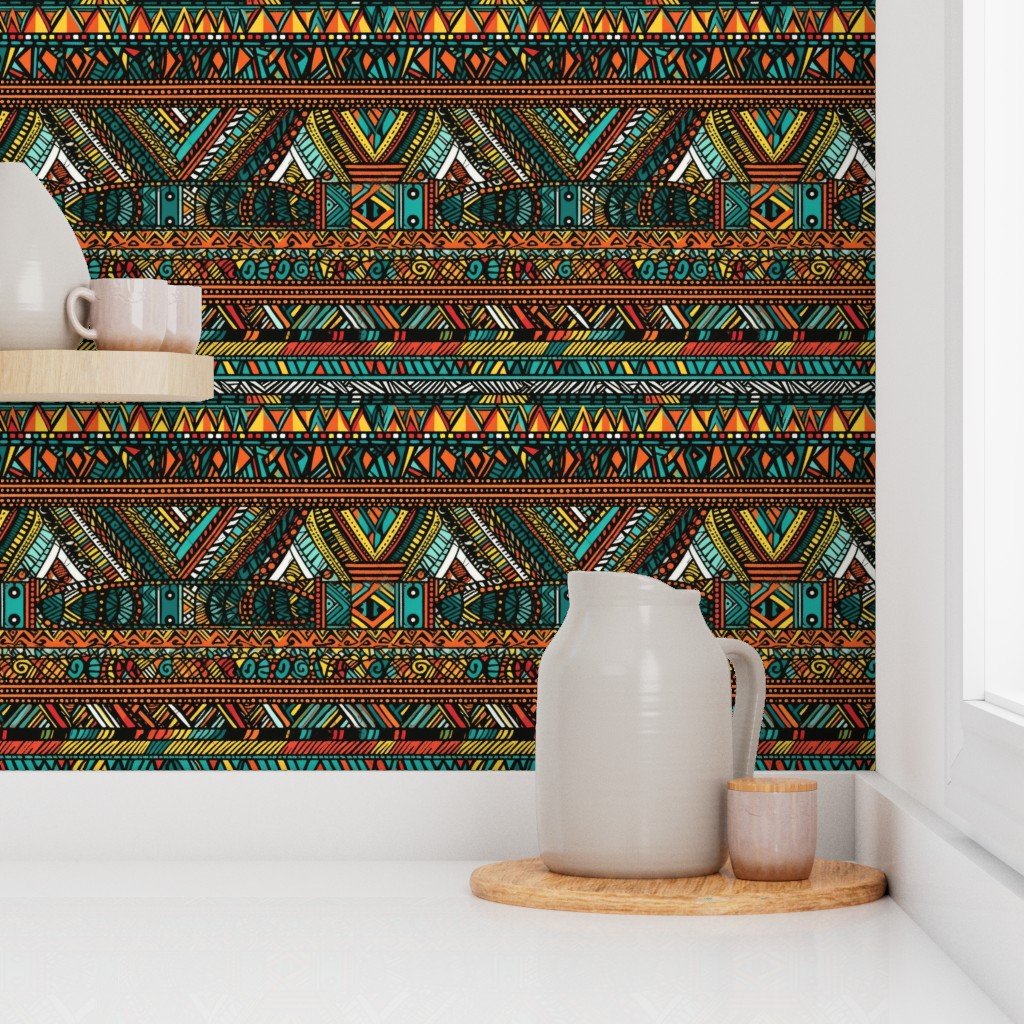 Tribal Mudcloth Boho Ethnic Print in Aqua Teal Gold and Orange Wallpaper