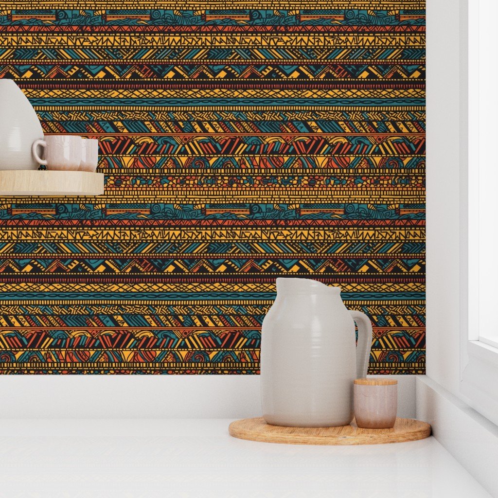 Tribal Mudcloth Boho Ethnic Print in Gold Teal Brown and Orange Wallpaper