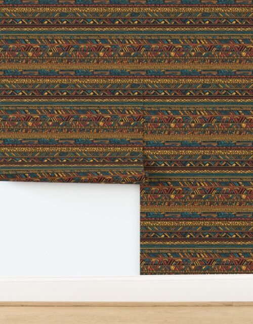 Tribal Mudcloth Boho Ethnic Print in Gold Teal Brown and Orange Wallpaper