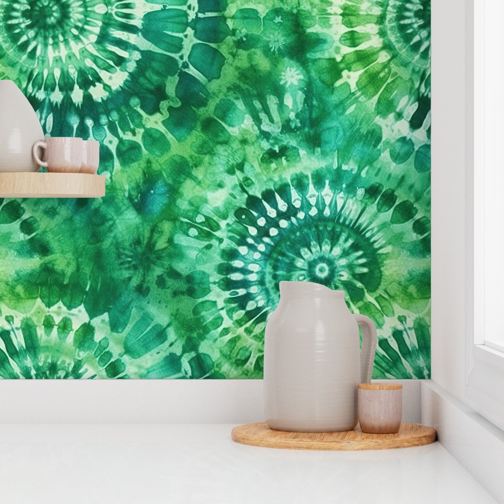 Jumbo Tie Dye Batik in Bright Green Circling Swirls on Teal Wallpaper