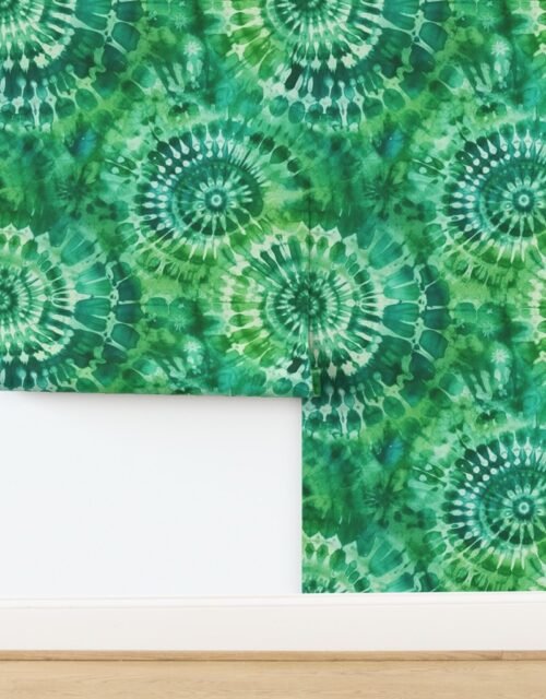 Jumbo Tie Dye Batik in Bright Green Circling Swirls on Teal Wallpaper