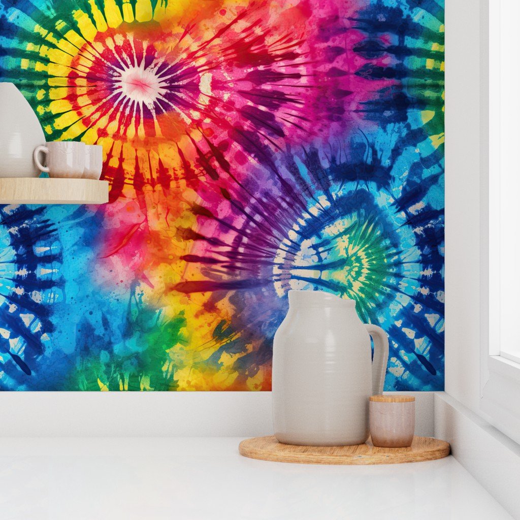 Jumbo Tie Dye Batik in Bright Multi Rainbow Colors Circling Swirls Wallpaper