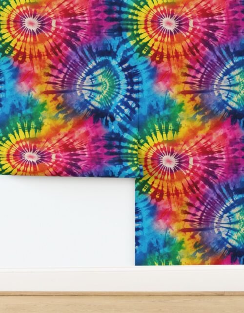 Jumbo Tie Dye Batik in Bright Multi Rainbow Colors Circling Swirls Wallpaper