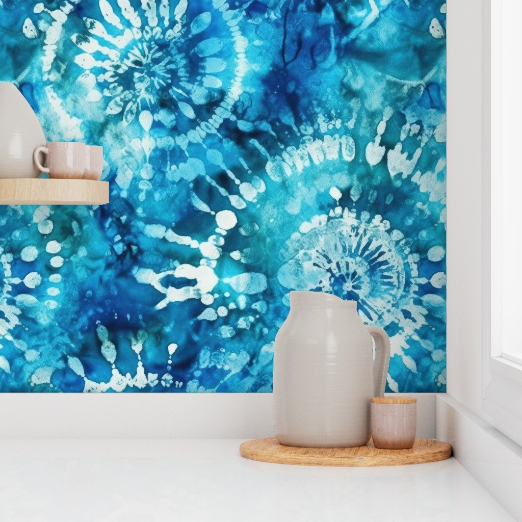 Jumbo Tie Dye Batik in Bright Blue Circling Swirls on Teal Wallpaper