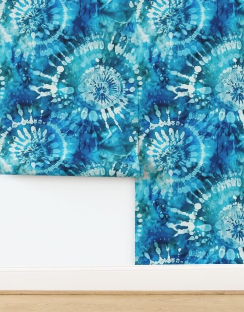 Jumbo Tie Dye Batik in Bright Blue Circling Swirls on Teal Wallpaper