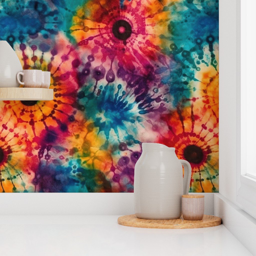 Jumbo Tie Dye Batik in Bright Multi Rainbow Colors Circling Swirls Wallpaper