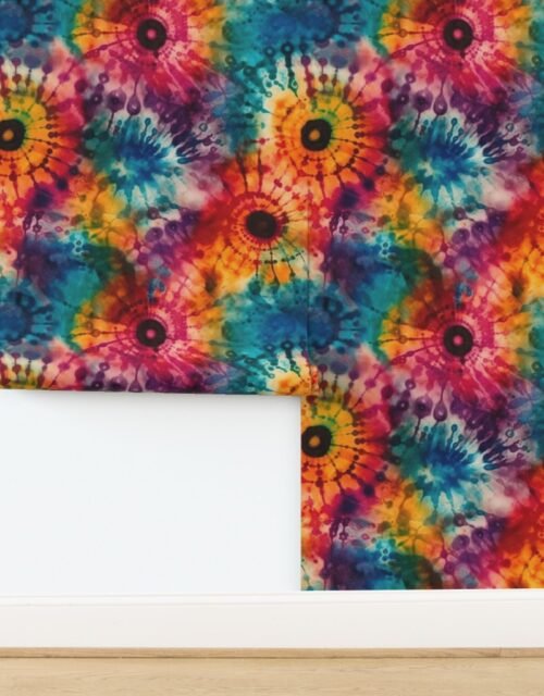 Jumbo Tie Dye Batik in Bright Multi Rainbow Colors Circling Swirls Wallpaper