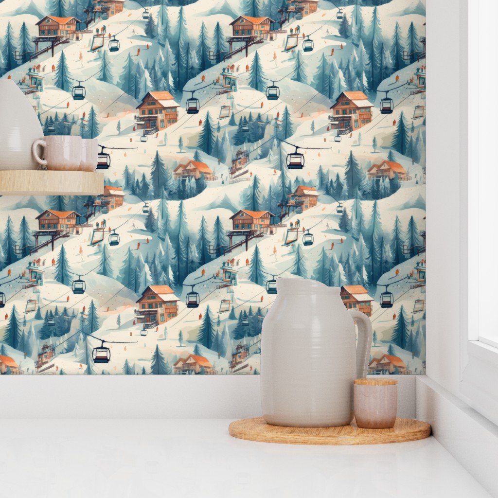 Vintage Ski Slope Cabins in Blue Woods Wallpaper