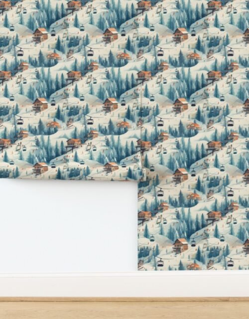 Vintage Ski Slope Cabins in Blue Woods Wallpaper