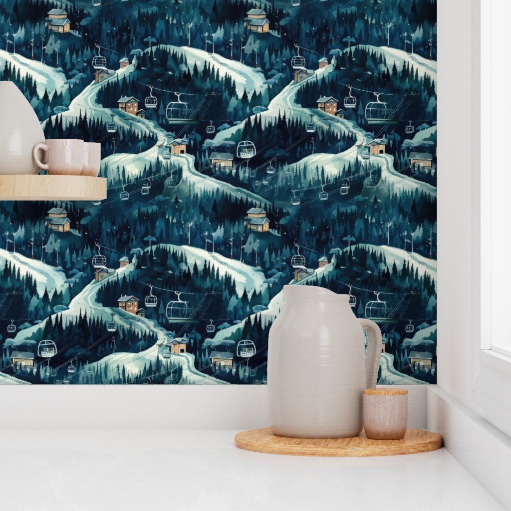 Vintage Ski Slope Cabins in Night Woods Blue Wallpaper