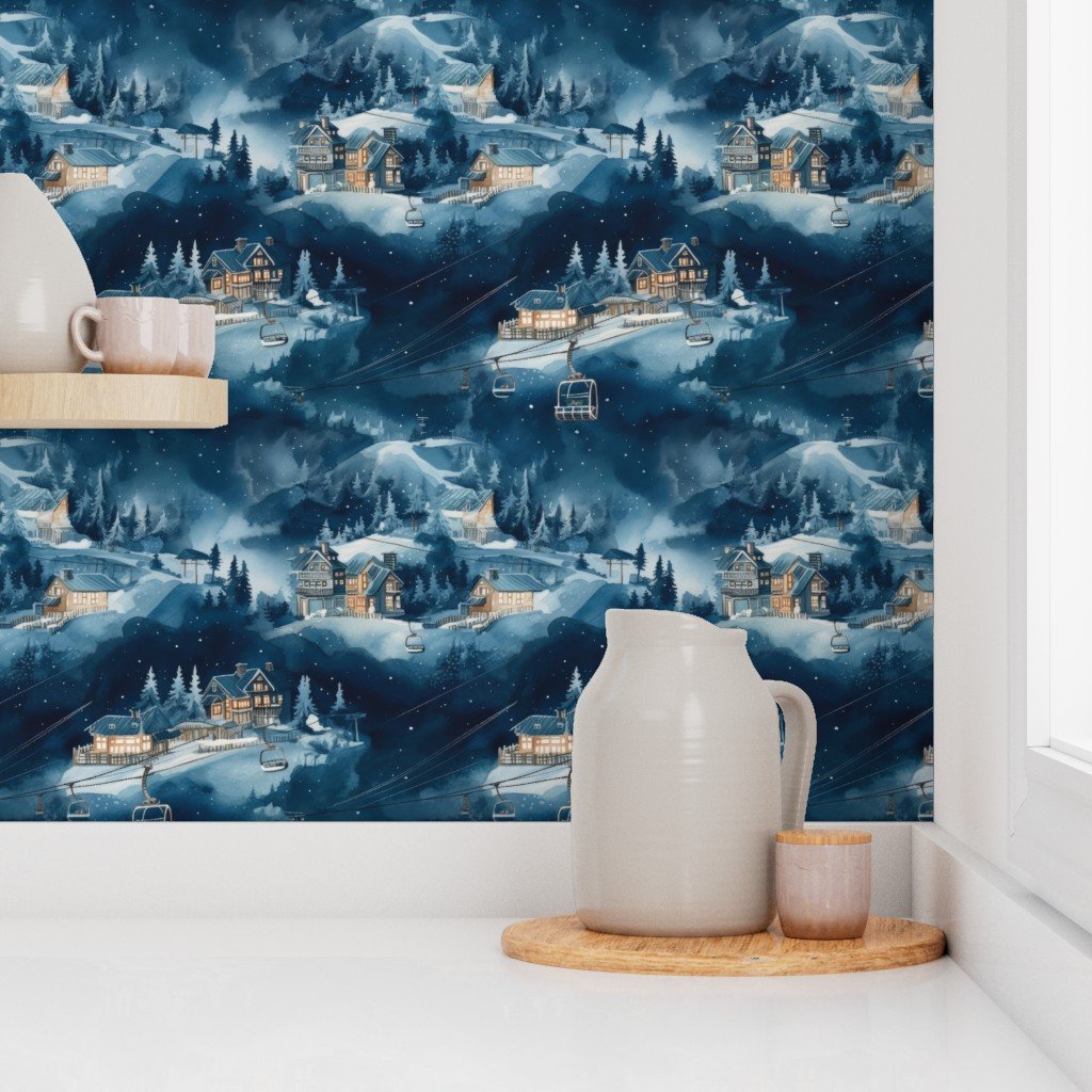 Charming vintage print of ski slope in blue at night Wallpaper