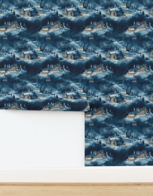 Charming vintage print of ski slope in blue at night Wallpaper