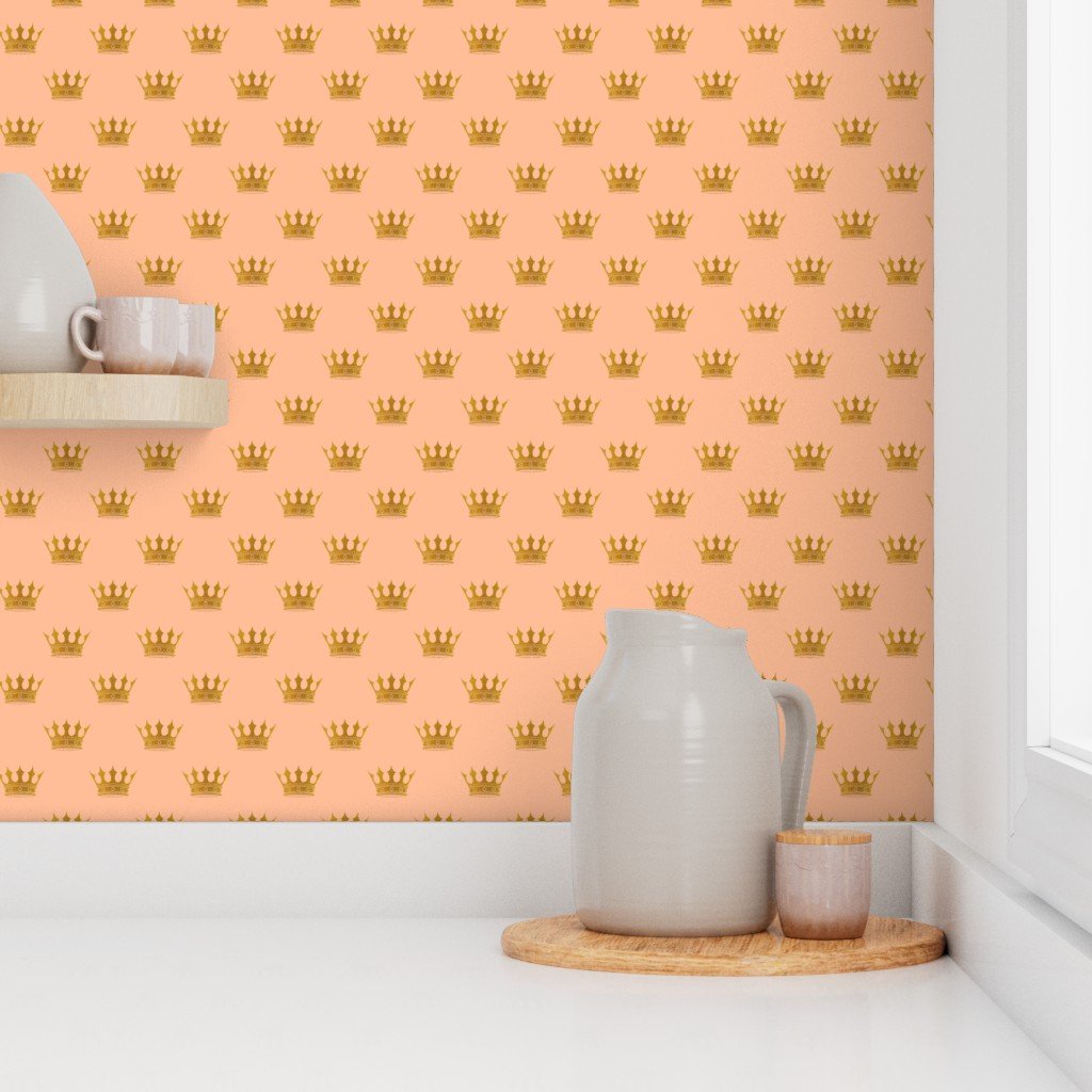 1.5 inch Mini Faux Gold Crowns on Peach Fuzz color of the Year 2024 Wallpaper