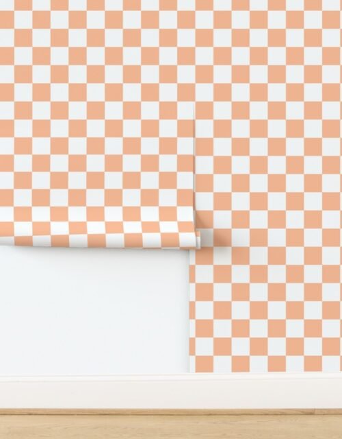 Large Checkerboard Checks in Peach Fuzz Color of the Year 2024 and White Wallpaper