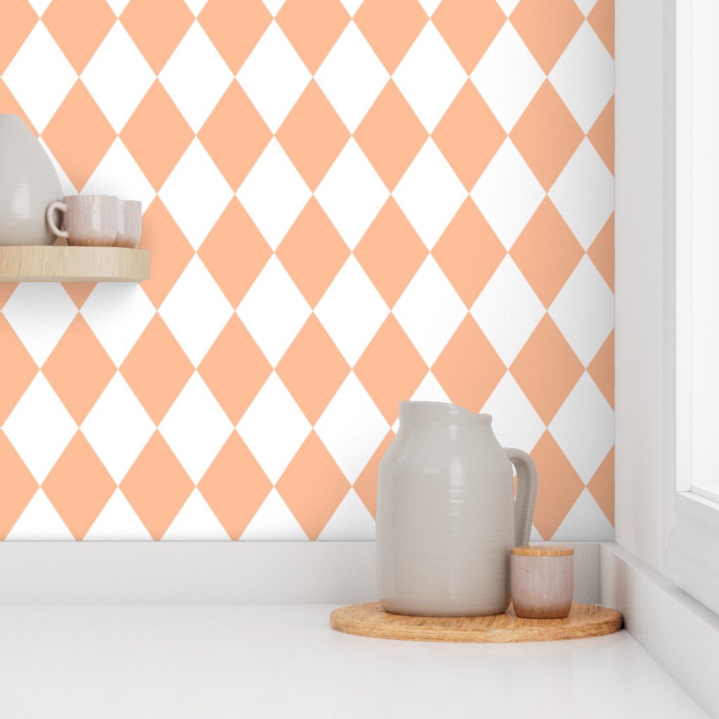 Large Diamond Checks in Peach Fuzz Color of the Year 2024 and White Wallpaper